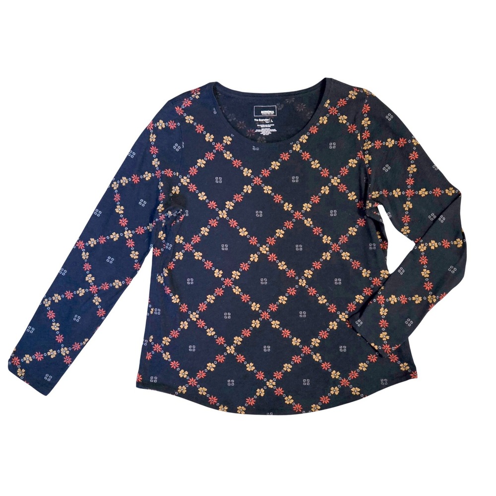 Sonoma Goods For Life Navy Floral Diamond Trellis Long Sleeve Everyday Tee‎ L